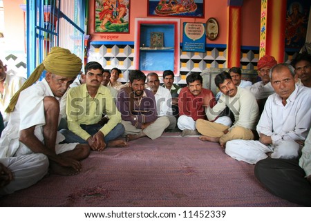 Community meeting in a remote village in Rajasthan state of India where people discuss community problems