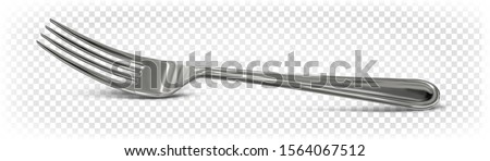 The food fork lies on the surface. Cutlery. Tableware. Vector 3d realistic chrome fork isolated on transparent background. 