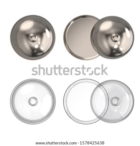 Glass restaurant cloche with open and with closed cap. Glass and stainless steel serving dome. Dishes for restaurants. Mock up. Top view. 3d illustration isolated on white background. Stock fotó © 