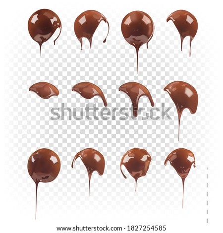 Big set of chocolate round shapes isolated on white transparent background. Vector 3d realistic illustration of chocolate liquid dessert. Sweet chocolate element.