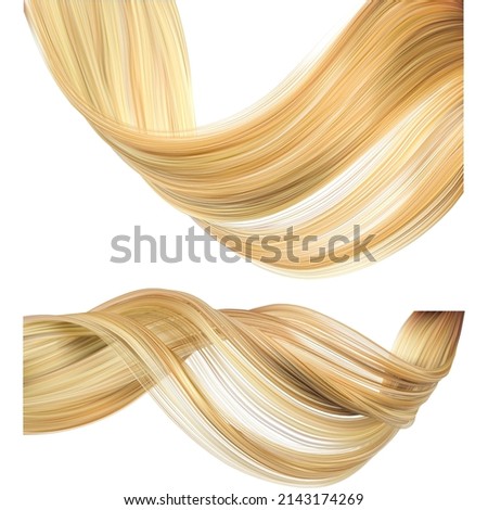 Set of women's shiny wavy curls of hair in blond color isolated on a white background. Vector 3d illustration.