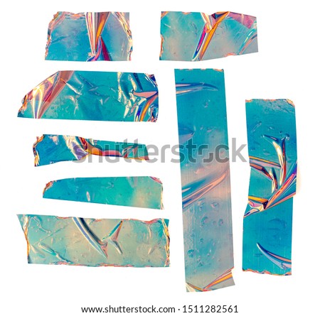 Shiny crumpled stickers. Cool set of metallic holographic sticky tape shapes cuts isolated on white background. Holo glitter stripes or snips.