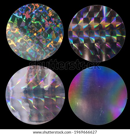 cool round metallic holo stickers on black with scratches, sticky holographic iridescent color foil tapes or snips for your design poster, sticker set.