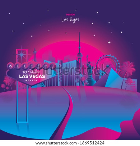 Vector illustration inspired by 80s disco music, 3d background, neon, Las Vegas, Nevada at sunset, poster, banner, tourism. Vector illustration