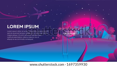 Banner inspired by 80s disco music, 3d background, neon, Las Vegas, Nevada at sunset, travel, tourism. Vector illustration