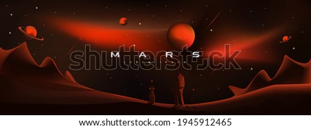 Mars vector illustration. Martian landscape, astronaut landing on the planet. Planets Saturn and Jupiter, planetary exploration, colonization, red aggressive, militant planet Mars.