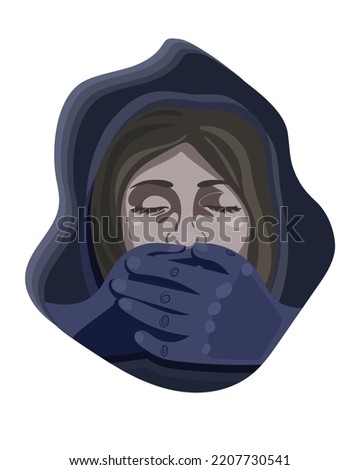 Mental health. Violence against women. Abuse. The hands cover the mouth. Silence. A woman with her eyes closed.