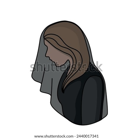 Funeral. A grieving woman in a black dress and veil bowed her head. Farewell to the deceased. An illustration for a funeral home.