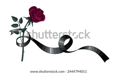 Funerals and commemorations of the deceased. A mourning ribbon wraps around a black rose. An illustration for a funeral home.