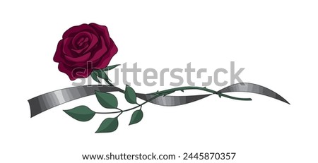 A burgundy rose with a black mourning ribbon. Funeral. Vector illustration in a flat style for a funeral home. Funeral services.
