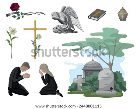 A set of vector illustrations related to death, funeral, cemetery. Landscape with cemetery, graves, tombstones, grieving man and woman, Angel with wings,cross, bible, rose, lily and mourning ribbons