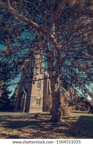 Image, Stock Photo The Immerather Cathedral St. Lambertus. The church was demolished on 08.01.2018 by the energy provider RWE as well as the whole village to extract the underlying brown coal.The holes in the towers testify to the salvage of the bells.