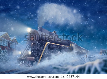 The polar express old fairy train, a snowy landscape, little boy see off or meet the train. Fantasy Photo manipulation Christmas picture, night illustration. A tramp sitting on the roof of train Foto stock © 