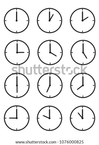 12 gray clock icons; time intervals of one hour; one, two, three, four, five, six, seven, eight, nine, ten, eleven, twelve; transparent background