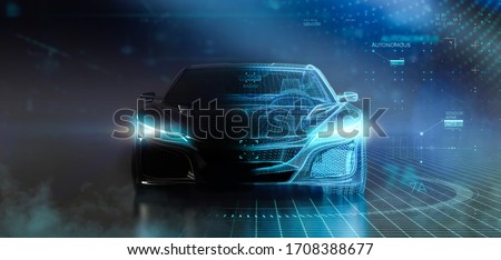 Futuristic car with wireframe intersection with digital user interface environment (3D Illustration)