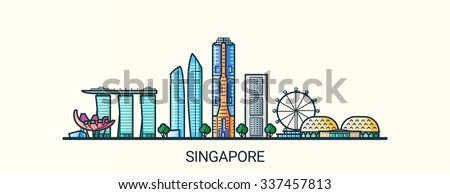 Banner of Singapore city in flat line trendy style. All buildings separated and customizible. Line art.