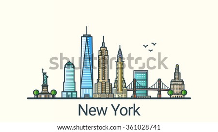 Banner of New York city in flat line trendy style. All buildings separated and customizable. Line art.