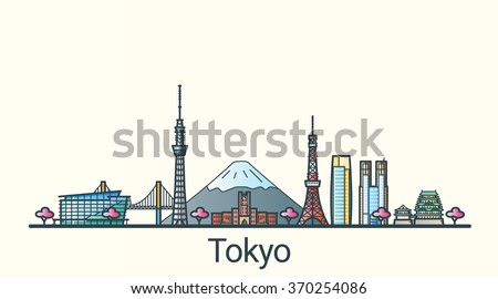 Banner of Tokyo city in flat line trendy style. All buildings separated and customizable. Line art.
