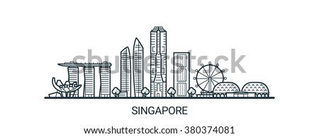 Linear banner of Singapore city. All buildings - customizable different objects with background fill, so you can change composition for your project. Line art.