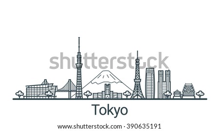 Linear banner of Tokyo city. All buildings - customizable different objects with background fill, so you can change composition for your project. Line art.
