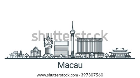 Linear banner of Macau city. All buildings - customizable different objects with background fill, so you can change composition for your project. Line art.