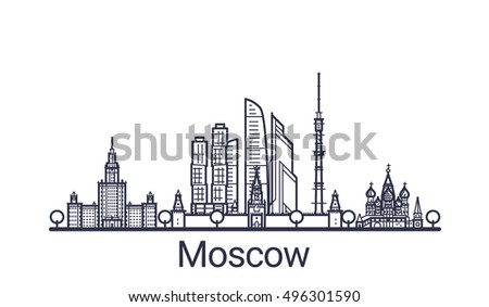 Linear banner of Moscow city. All Moscow buildings - customizable objects with opacity mask, so you can simple change composition and background fill. Line art.