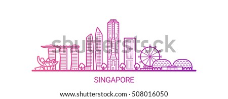 Singapore city colored gradient line. All Singapore buildings - customizable objects with opacity mask, so you can simple change composition and background fill. Line art.