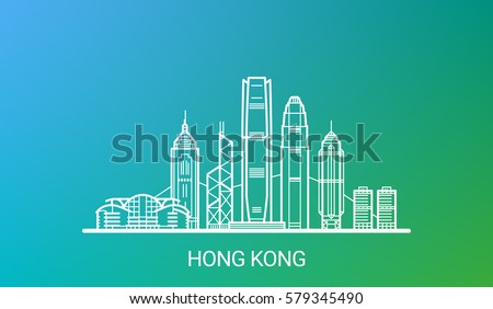 Hong Kong city white line on colorful background. All Hong Kong buildings - customizable objects with opacity mask, so you can simple change composition and background. Line art.