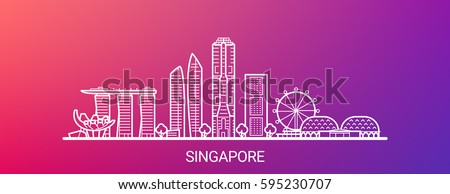 Singapore city white line on colorful background. All Singapore buildings - customizable objects with opacity mask, so you can simple change composition and background. Line art.