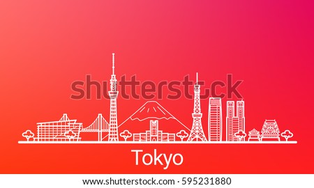 Tokyo city white line on colorful background. All Tokyo buildings - customizable objects with opacity mask, so you can simple change composition and background. Line art.