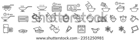 Ready to eat food package line icons. Vector outline illustration with icon - microwave oven, salt shaker, boil, bake, vent tray. Pictogram for semifinished meal prepare instruction.