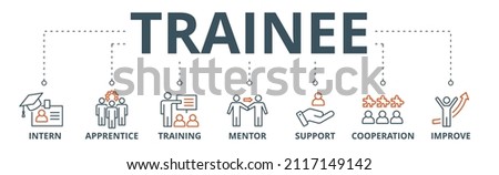 Trainee banner web icon vector illustration concept for internship training and learning program apprenticeship with an icon of  intern, apprentice, training, mentor, support, cooperation, and improve