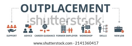 Outplacement banner web icon vector illustration concept with icon of support, advice, career guidance, former employer, workshop, skills, new job, training, and presentation