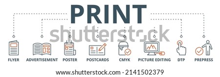 Print banner web icon vector illustration concept with icon of flyer, advertisement, brochure, poster, postcards, cmyk, picture editing, dtp, and prepress