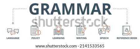 Grammar banner web icon vector illustration concept for languange education with icon of communication, policy, learning, writing, speech, and reference book