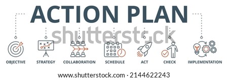 Action plan banner web icon vector illustration concept with icon of objective, strategy, collaboration, schedule, act, launch, check, and implementation