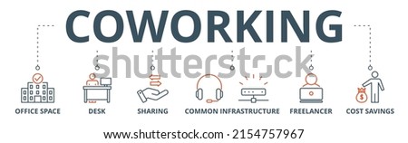 Coworking banner web icon vector illustration concept with icon of office, workspace, desk, sharing, common infrastructure, freelancer, and cost saving