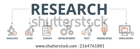 Research banner web icon vector illustration concept with icon of analysis, data, survey, development, fact, knowledge and data entry Stockfoto © 