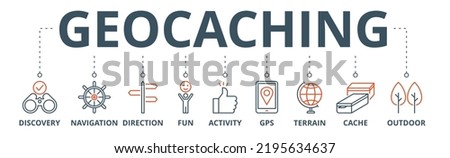 Geocaching banner web icon vector illustration concept with icon of discovery, navigation, direction, fun, activity, gps, terrain, cache and outdoor