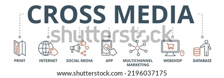 Cross-media banner web icon vector illustration concept with icon of print, internet, social media, app, multichannel marketing, webshop and database