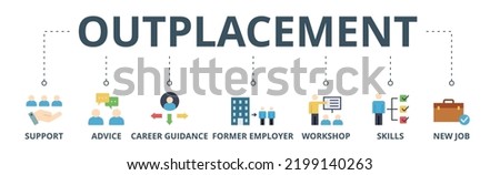 Outplacement banner web icon vector illustration concept with icon of support, advice, career guidance, former employer, workshop, skills, new job, training, and presentation