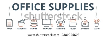 Office supplies banner web icon vector illustration concept with icon of paper, stationary, printer, computer, telephone, folder, envelope, cactus