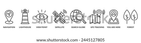 Navigation and location banner web icon vector illustration concept with icon of navigation, lighthouse, view point, satellite, search globe, gps tracking, you are here, forest