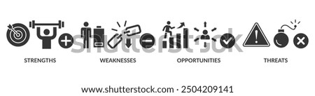 SWOT banner web icon vector illustration concept for strengths, weaknesses, threats and opportunities analysis with an icon of value, goal, break chain, low battery, growth, check, minus, and crisis