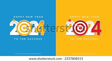 Happy New Year 2024 concept. Greeting card and round target with arrow. New goals for next year and achieving success. set of 2024 square background.