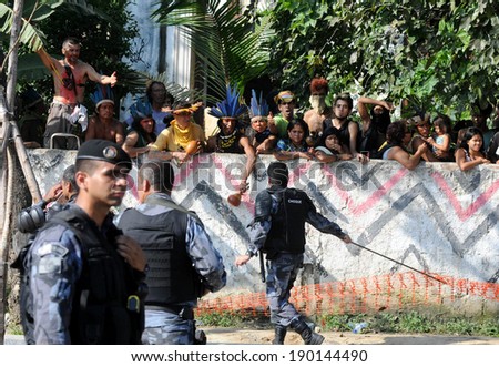 Rio de Janeiro, Brazil, March 23, 2013 - Demonstration against the World Cup in Brazil. Population rebels against the removal of Indians camped in the Indian Museum. side of the stadium MaracanÃ?Â£