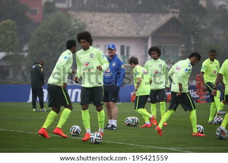 TERESOPOLIS, BRAZIL - May 28 , 2014: The Brazil national football team practicing at Granja Comary training center in preparation for the 2014 World Cup soccer tournament that starts in June.