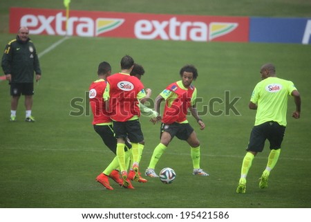 TERESOPOLIS, BRAZIL - May 28 , 2014: The Brazil national football team practicing at Granja Comary training center in preparation for the 2014 World Cup soccer tournament that starts in June.