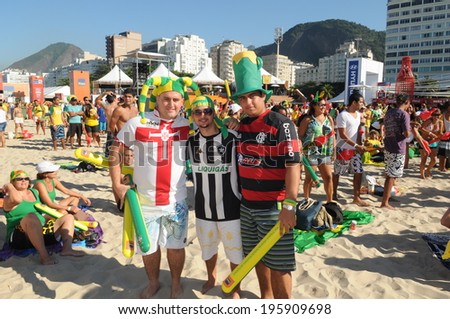 RIO DE JANIERO, BRAZIL - JUNE 21, 2010 fans celebrate the victory of Brazil in the arena FIFA fan fest on Copacabana beach