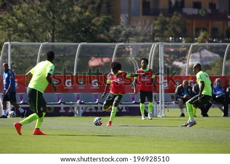TERESOPOLIS, BRAZIL - May 05, 2014: The Brazil national football team practicing at Granja Comary training center in preparation for the 2014 World Cup soccer tournament that starts in June